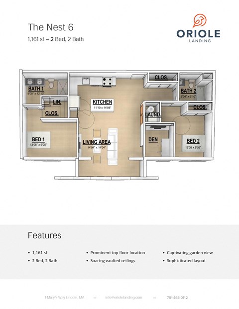 2 bedroom 2 bathroom floor plan E at Oriole Landing, Massachusetts, 01773